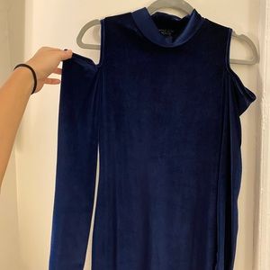 Blue velvet cut off shoulder dress